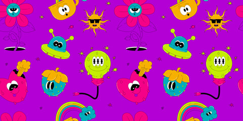 Psychedelic seamless pattern with characters in groovy style. The heart, sun, flower and more with funny faces. Retro vector elements in acid colors on violet background