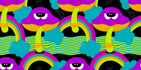 Naklejka premium Psychedelic seamless pattern with characters in groovy style. The mushroom, rainbow, clouds and other elements. Retro vector background in acid colors on black