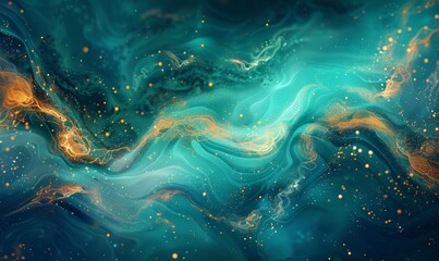Obraz premium Abstract magic blue background with golden sparkles. Various shades of green and blue with golden splashes and flows, Generative AI 