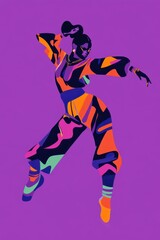 Obraz premium Minimalism illustration, a Latina woman, wearing a futuristic outfit with metallic accents and unconventional cuts, captured mid-motion, avant-garde fashion, boho, flat illustration