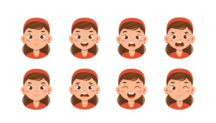 Female farmer constructor. Girl in hat with different emotions and feelings. Kit for creating cartoons. Pack of heads and faces. Farming and agriculture. Flat vector collection