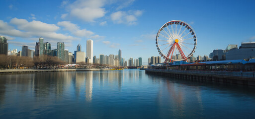 View of Chicago Skyline With Ferris Wheel and Calm Water During Bright Daylight