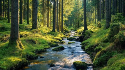 Sunlight filters through emerald canopy, illuminating winding river that meanders through golden autumn woods