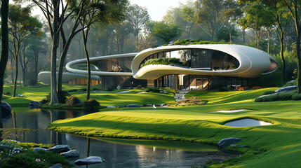 A stunningly detailed golf course with imaginative and magical components, front view, highlighting extraordinary elements, futuristic tone, Complementary Color Scheme