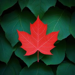 Fototapeta premium A single red maple leaf on a tree of green leaves, illustrating variation, unique shade, one change