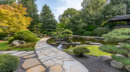 A meticulously maintained Japanese garden with a stone pathway, bonsai trees, and a koi pond 