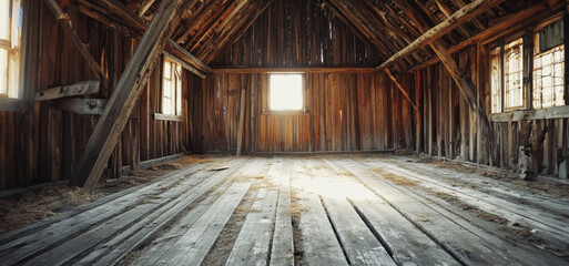 Naklejka premium Abandoned Wooden Barn Interior With Sunlight Streaming Through Windows in Rural Setting