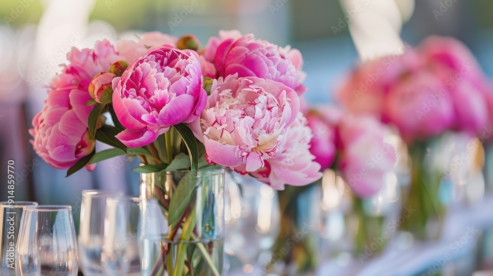 Canvas Prints Wedding decor: small vases with pink peonies