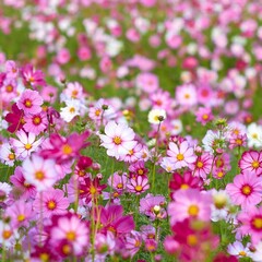 Field of Beautiful Pink and White Cosmos Flowers