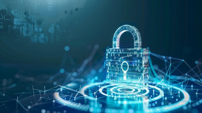 A digital padlock illustration with binary code and futuristic circles on a blue and white background, concept of cybersecurity 
