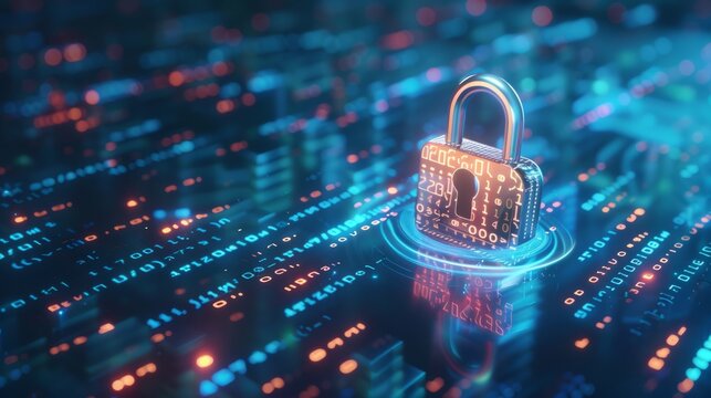 A digital padlock illustration with binary code and futuristic circles on a blue and white background, concept of cybersecurity 