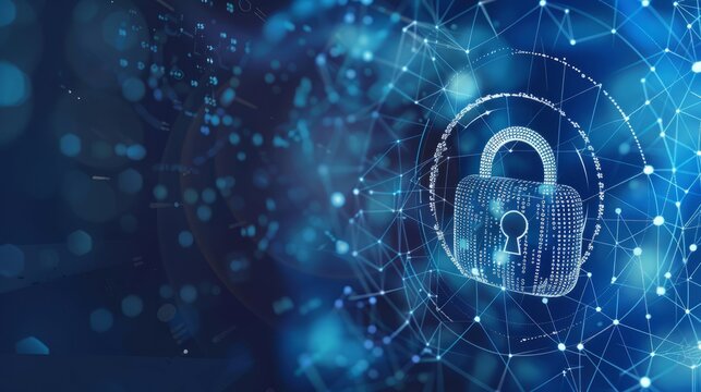 A digital padlock illustration with binary code and futuristic circles on a blue and white background, concept of cybersecurity 
