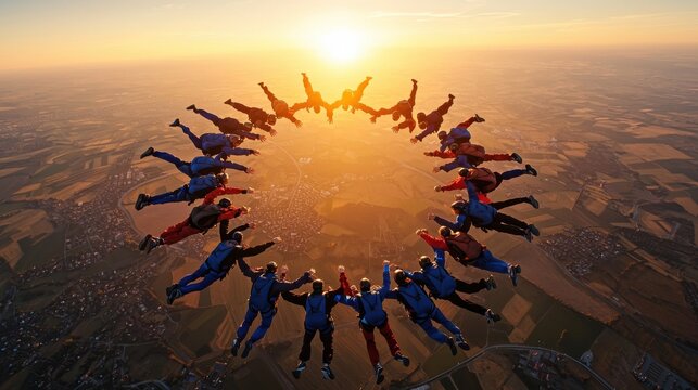 Aerial view of multiple skydivers holding hands in a circle formation, showcasing their blue and red outfits, with the vast landscape below bathed in summer sunlight