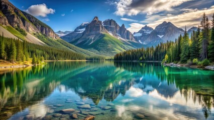 Fototapeta premium Scenic view of a serene lake nestled among majestic mountains, scenic, view, serene, lake, nestled, majestic, mountains