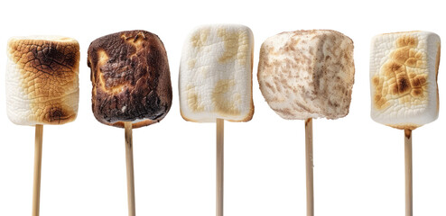 Five marshmallows on sticks, from unburnt to charred, on a empty background.