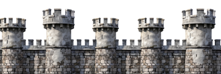 A stone castle wall with turrets and towers on a empty background.