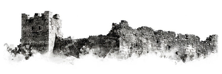 A realistic photograph of a complete castle wall isolated on a white background with grainy texture.