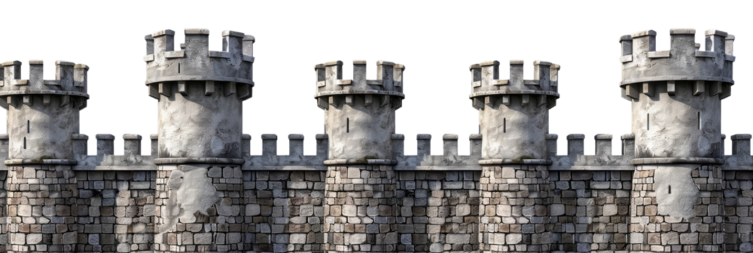 A stone castle wall with turrets and towers on a empty background.