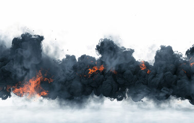 Black smoke and fire clouds isolated on a white background.