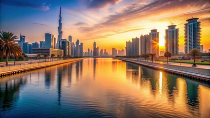 Naklejka premium A stunning view of Dubai Water Canal at sunset, Dubai, water, canal, cityscape, skyline, sunset