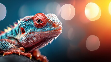 A very extreme absurd fantastic lizard in an extreme closeup shot with a fisheye lens, the dynamic camera angle emphasizes the dramatic blue light and neon effect, creating a colorful 