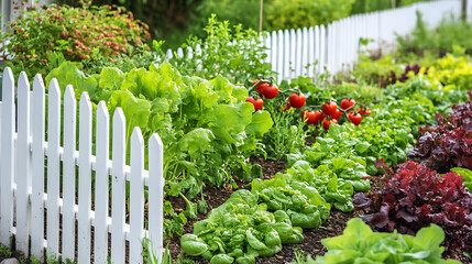 A charming vegetable garden with neat rows of lettuce, tomatoes, and herbs, enclosed by a white picket fence 
