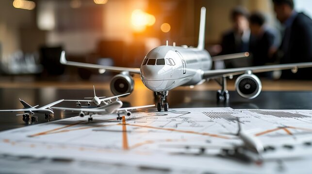A team of aviation experts discussing strategies for optimizing airline efficiency, gathered around a conference table with charts and model airplanes