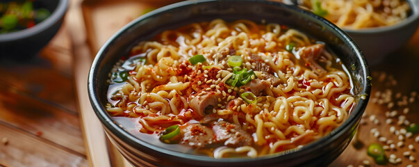 Spicy Ramen Noodles with Sesame Seeds and Green Onions - Photo