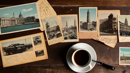 A collection of vintage postcards with handwritten messages on a wooden desk, featuring faded landmark images, alongside a cup of coffee and a pen, creating a nostalgic, artistic feel.