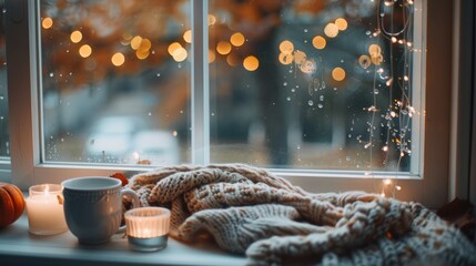 Autumn trends: cozy hygge with sweaters, candles, cup, and garland on the windowsill