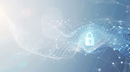 Abstract cyber security concept with a padlock icon, network data and dynamic lines on a light blue background 