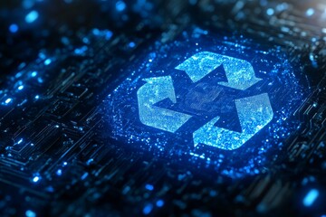 Glowing blue recycling symbol set against a complex digital circuit background symbolizing the convergence of technology and sustainability in the digital age.