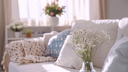 Naklejka premium Cozy Living Room with Delicate Flowers
