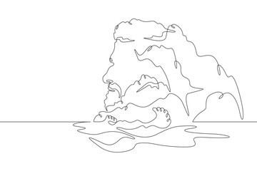 Mysterious islands in the form of a male human head. Head-shaped cliff. Mountain seascape.One continuous line. Line art. Minimum one line. White background. One line drawing.