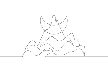 Night in mountains.Crescent in the sky.High mountains. Mountain landscape. Moon in the mountains. Nature logo. One continuous line. Line art. Minimum one line. White background. One line drawing.