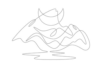 Night in mountains.Crescent in the sky.High mountains. Mountain landscape. Moon in the mountains. Nature logo. One continuous line. Line art. Minimum one line. White background. One line drawing.
