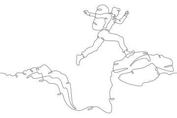 Tourist jumping over the abyss. Jump in the mountains. Mountain climbing .Tourist with a backpack.One continuous line. Line art. Minimum one line. White background. One line drawing.