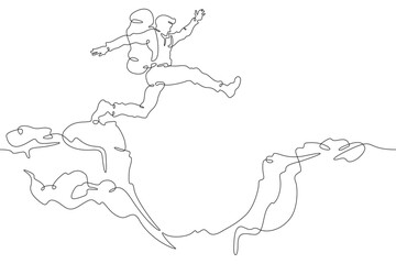 Tourist jumping over the abyss. Jump in the mountains. Mountain climbing .Tourist with a backpack.One continuous line. Line art. Minimum one line. White background. One line drawing.