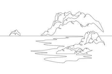 Fototapeta premium Mystical island. Mysterious seashore. Beautiful seascape.One continuous line. Line art. Minimum one line. White background. One line drawing.