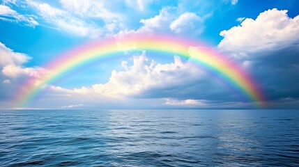 Colorful Rainbow Arching Over Calm Ocean Waters Under Bright Blue Sky After Rainfall in Tropical Setting