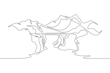 Old bridge over a mountain river. Wooden bridge in the mountains. Rocky mountain landscape. One continuous line. Line art. Minimum one line. White background. One line drawing.