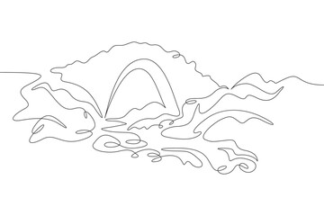 Old across the river. Crossing the lake. Stone bridge on the pond. Water landscape. One continuous line. Line art. Minimum one line. White background. One line drawing.