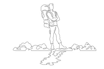 Tourist with a backpack. A hiker is reflected in water. A man with a backpack on the river bank. One continuous line. Line art. Minimum one line. White background. One line drawing.