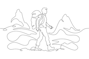 A tourist walks in the mountains. Travel. Mountain climbing .Tourist with a backpack.One continuous line. Line art. Minimum one line. White background. One line drawing.