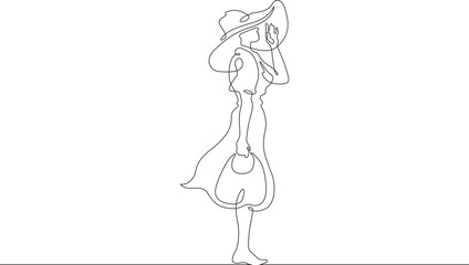 Woman on the beach in a big hat. Girl in a summer cape on the seashore.One continuous line. Line art. Minimum one line. White background. One line drawing.