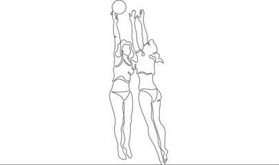 Women's beach volleyball. Women in swimsuits. Volleyball players block in a jump. Female athlete. One continuous line. Line art. Minimum one line. White background. One line drawing.