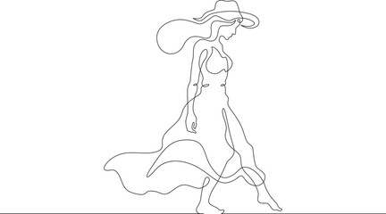 Woman on the beach in a big hat. Girl in a summer cape on the seashore.One continuous line. Line art. Minimum one line. White background. One line drawing.