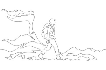 A tourist walks in the mountains. Travel. Mountain climbing .Tourist with a backpack.One continuous line. Line art. Minimum one line. White background. One line drawing.