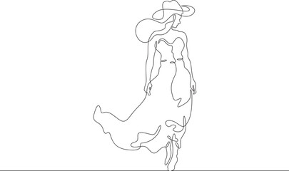 Woman on the beach in a big hat. Girl in a summer cape on the seashore.One continuous line. Line art. Minimum one line. White background. One line drawing.