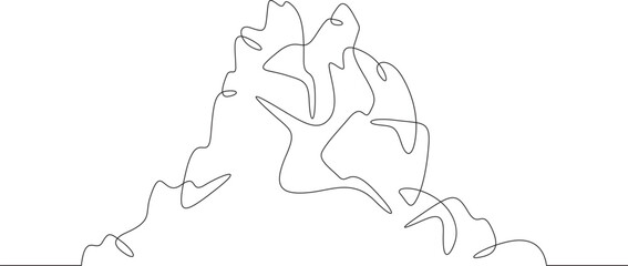 The cliff is beautiful. High rocky ledge. Mountain landscape. Rock logo.One continuous line. Line art. Minimum one line. White background. One line drawing.